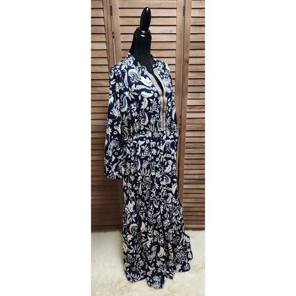 Rustty Dustty Navy Maxi Dress Long Sleeve Ruffle Hem Embroidered V-Neck Size XL - Picture 3 of 8